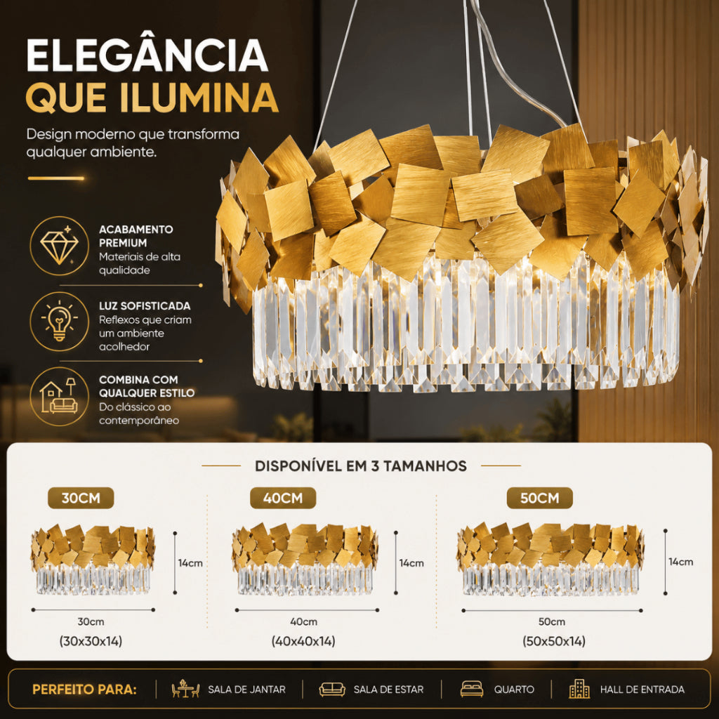 Lustre Moderno Cristal K9 Dourado Premium Pendente Luxo E14 Bivolt Sala de Estar e Jantar