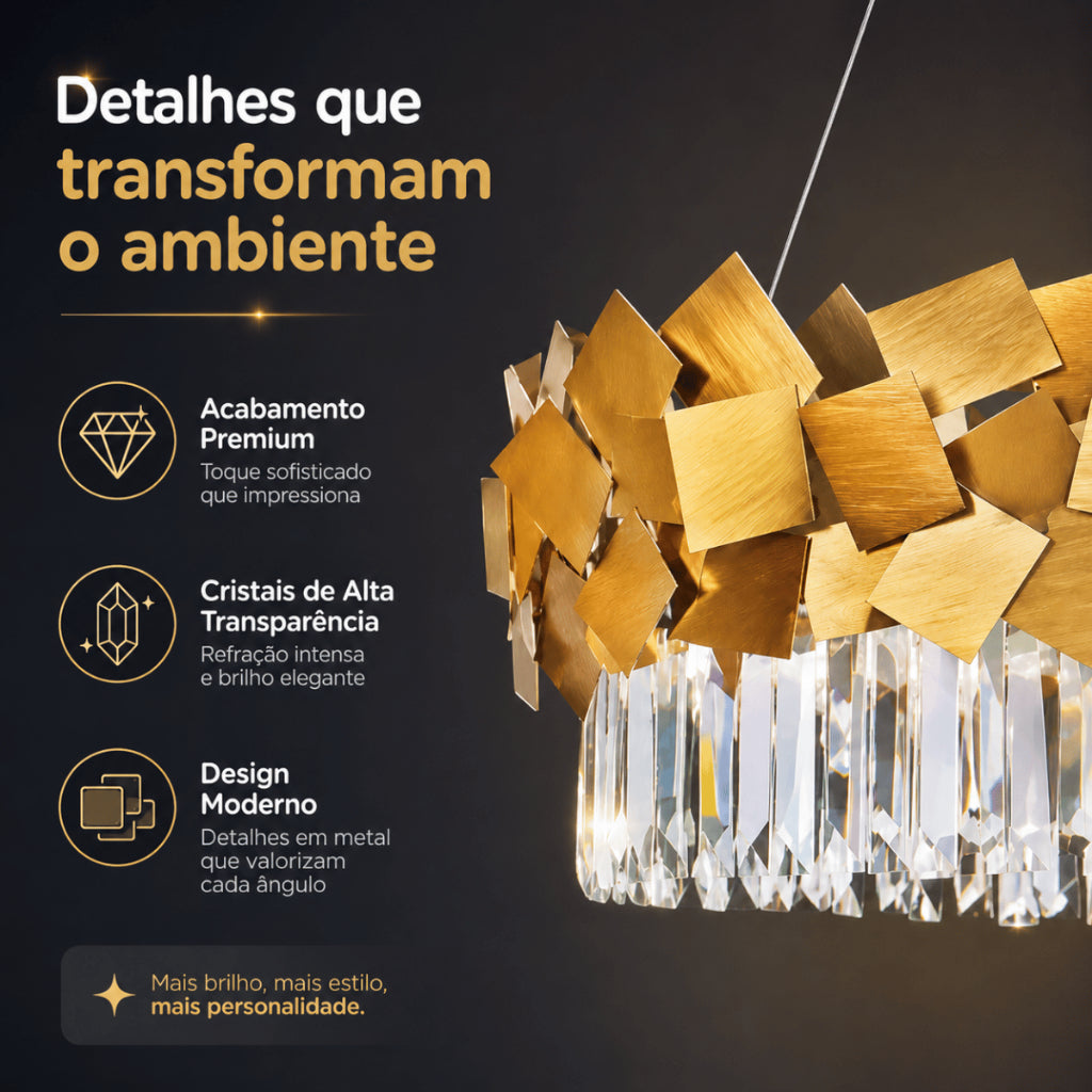 Lustre Moderno Cristal K9 Dourado Premium Pendente Luxo E14 Bivolt Sala de Estar e Jantar