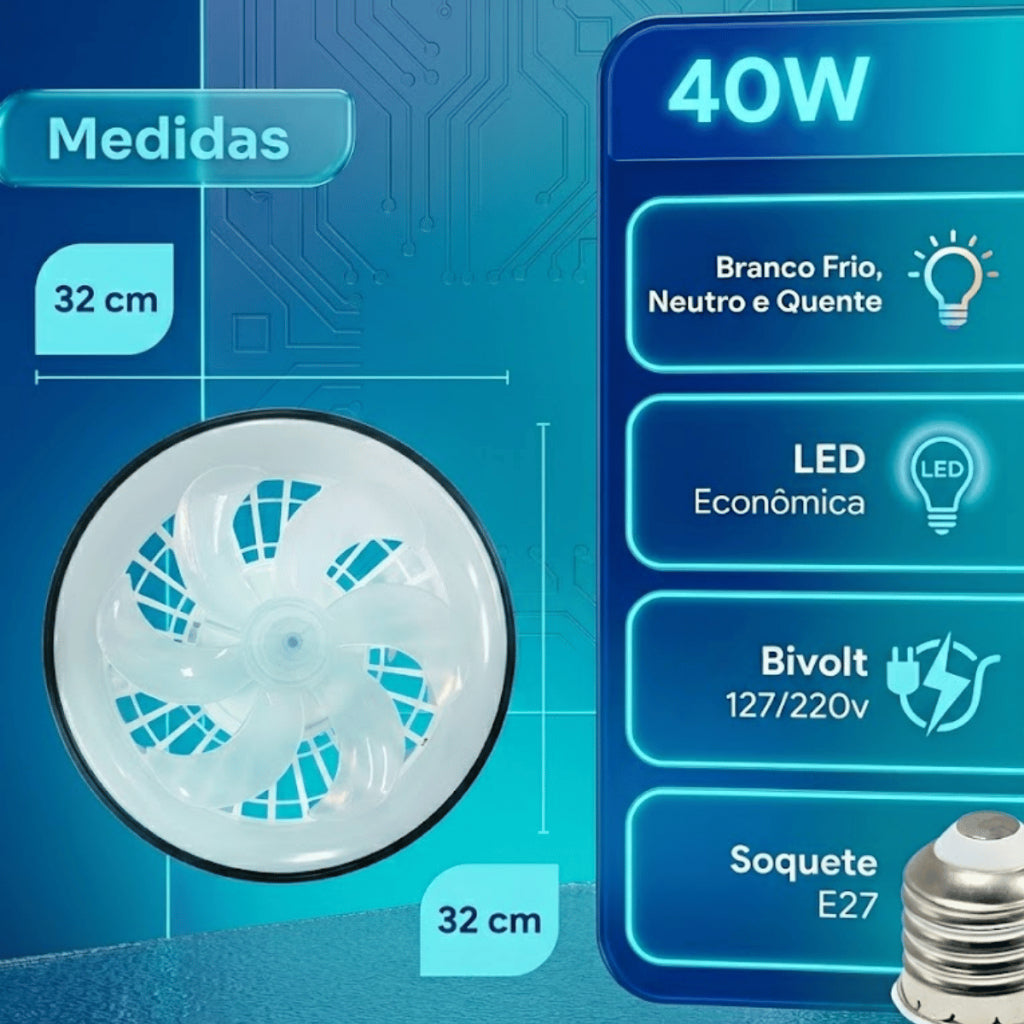 Ventilador de Teto Lâmpada Soquete E27 Luz Led Ajustável Controle Remoto Bivolt Verão 4 Velocidades