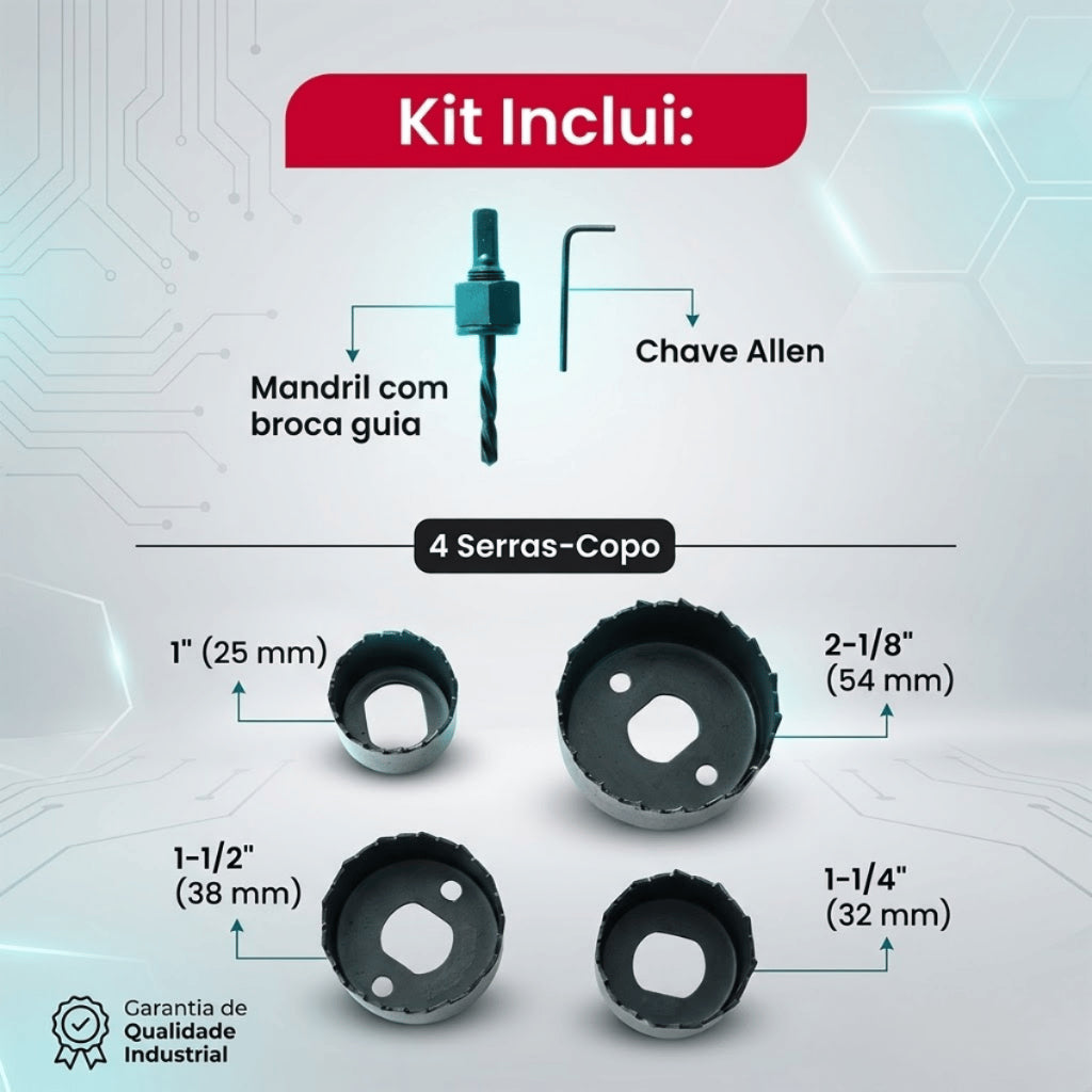 Kit Serra Copo Circular Profissional 6 Peças 25mm a 54mm Furadeira Para Madeira Gesso Drywall PVC