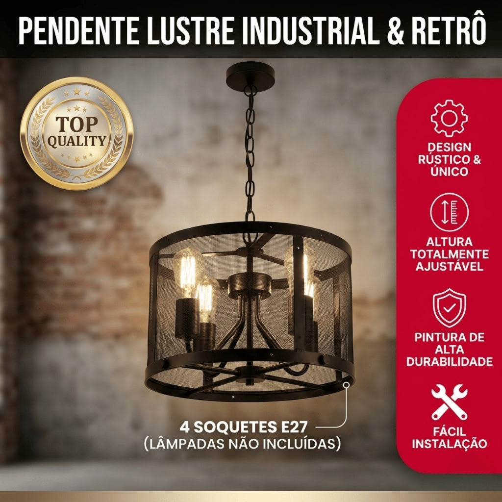 Lustre Pendente Aramado Industrial Preto 4 Soquetes E27 Altura Ajustável para Sala e Cozinha