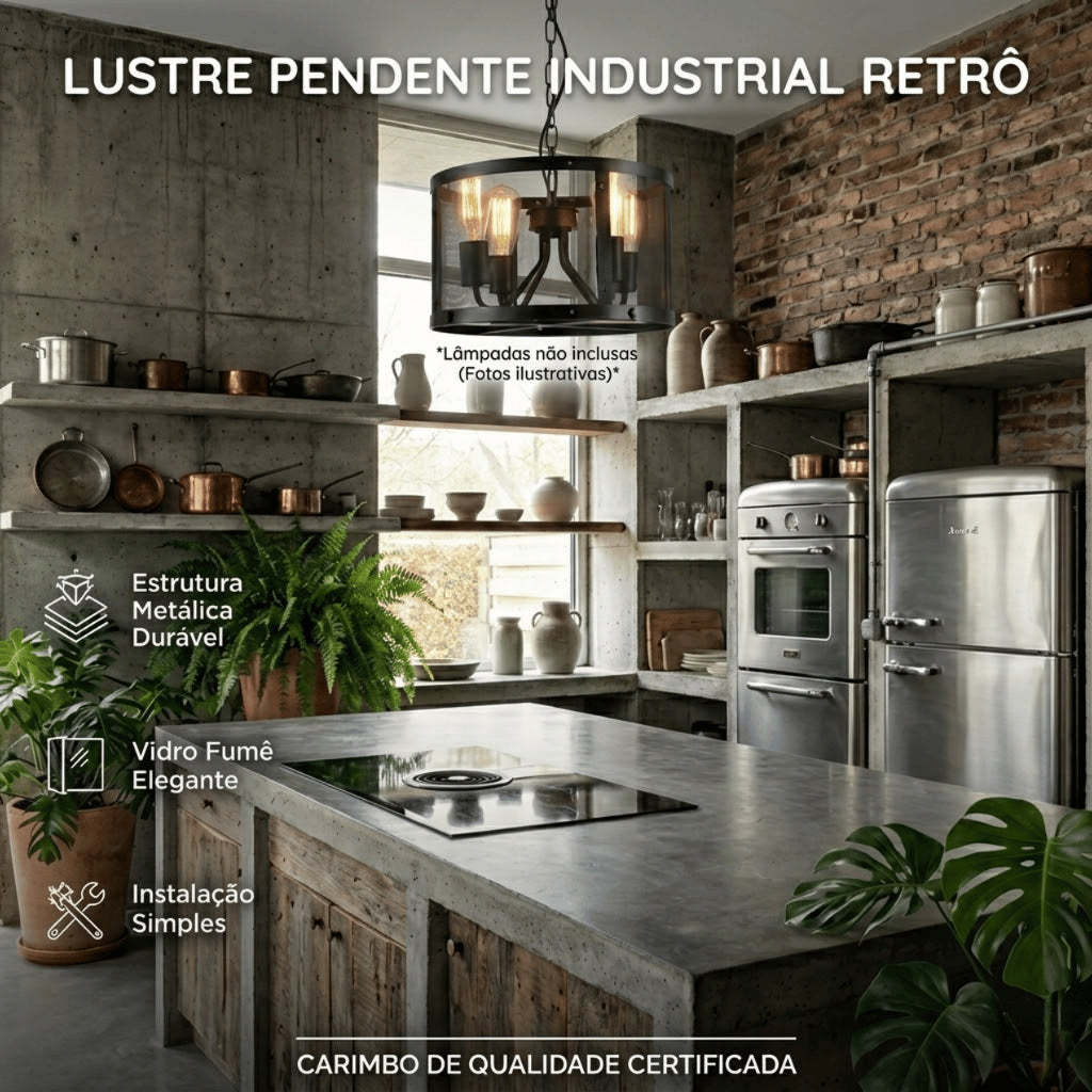 Lustre Pendente Aramado Industrial Preto 4 Soquetes E27 Altura Ajustável para Sala e Cozinha