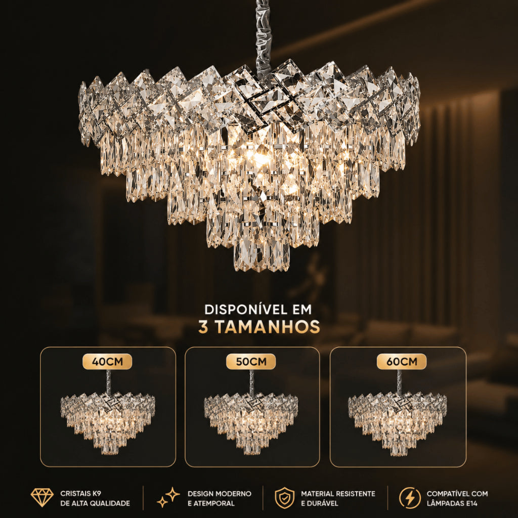 Lustre Cristal K9 Premium Redondo Pendente Sala de Jantar Luxo Prata E14 Bivolt Corrente Ajustável