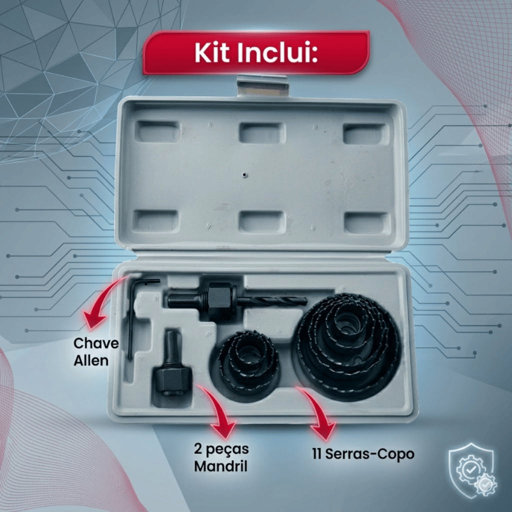 Kit 11 Peças Serra Copo Profissional Para Madeira Gesso Plástico Com Maleta Estojo Cortes Precisos