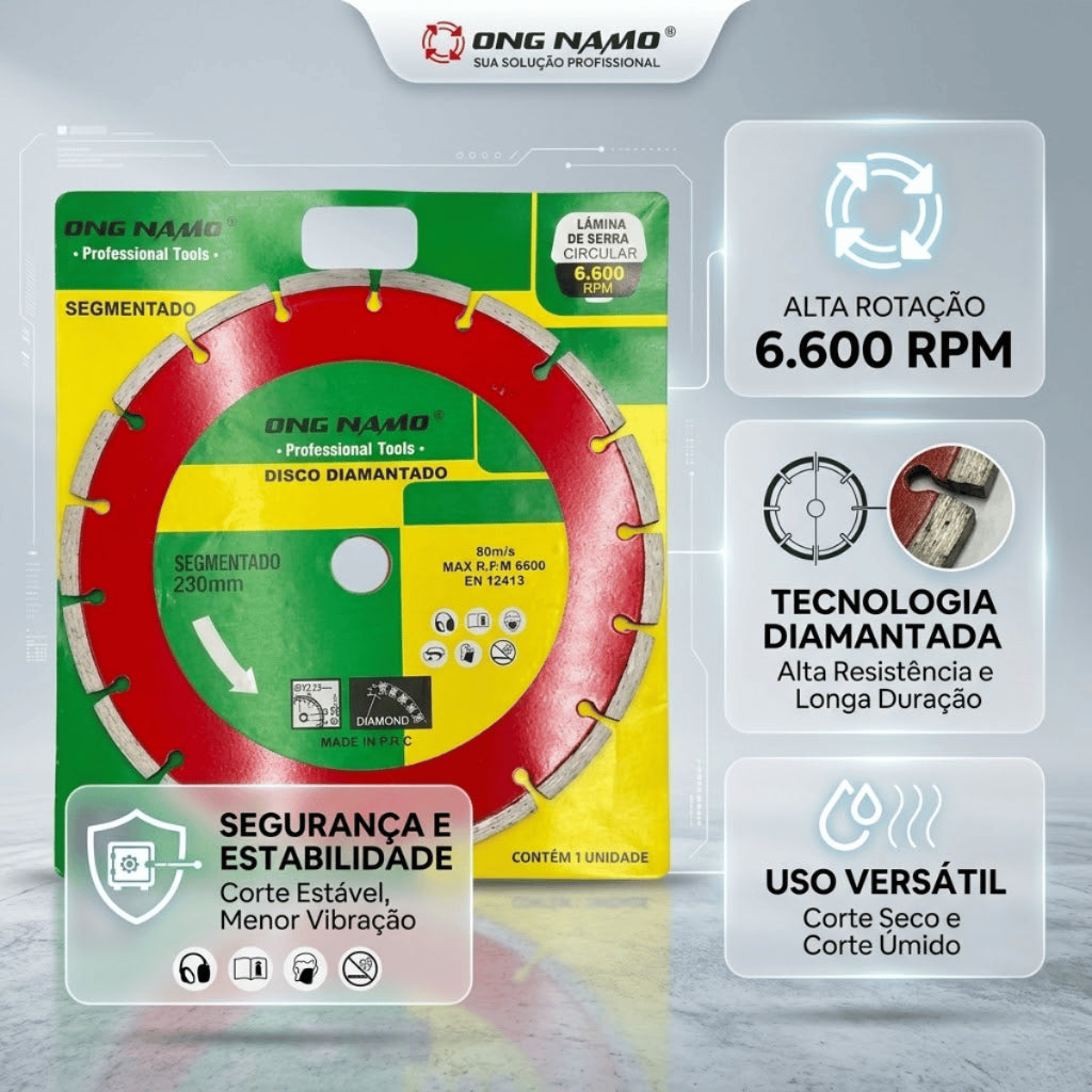Disco Diamantado Segmentado de Corte 230 mm Seco Úmido Profissional Bloco Concreto Granito Mármore