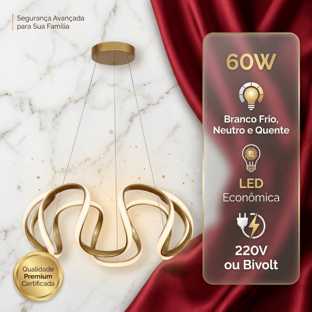 Lustre Pendente Dourado Led Moderno Curvas 60w Ondas Luz 3 Em 1 Sala Jantar Mesa Quarto Bivolt
