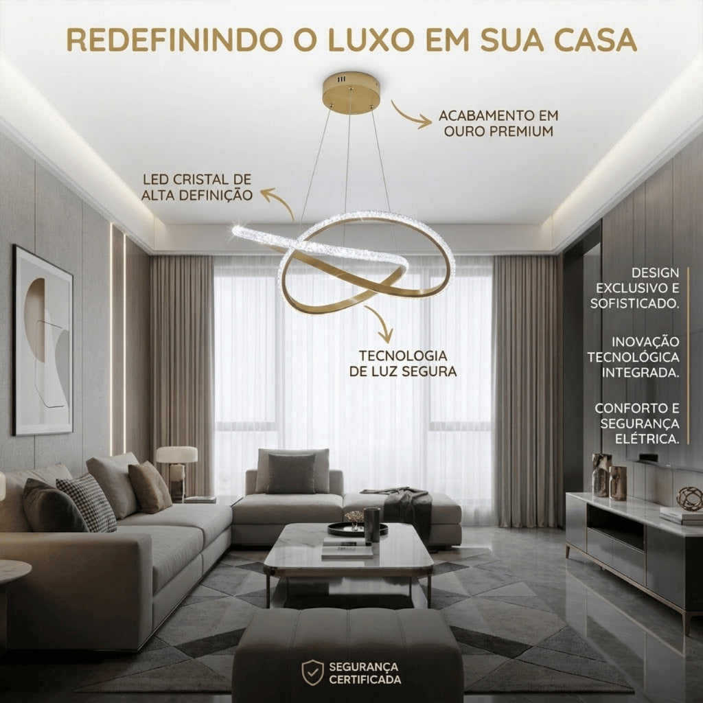 Lustre Pendente Dourado Led Moderno 60w Ondas Luz 3 Em 1 Sala Jantar Mesa Quarto Bivolt
