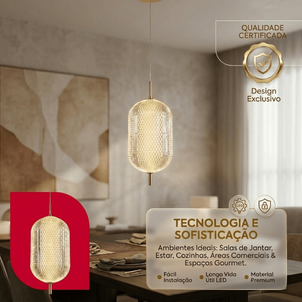 Pendente Led Oval De Vidro Cristal 24w Tricolor Bivolt 220v Design Moderno Luxuoso Mesa Jantar