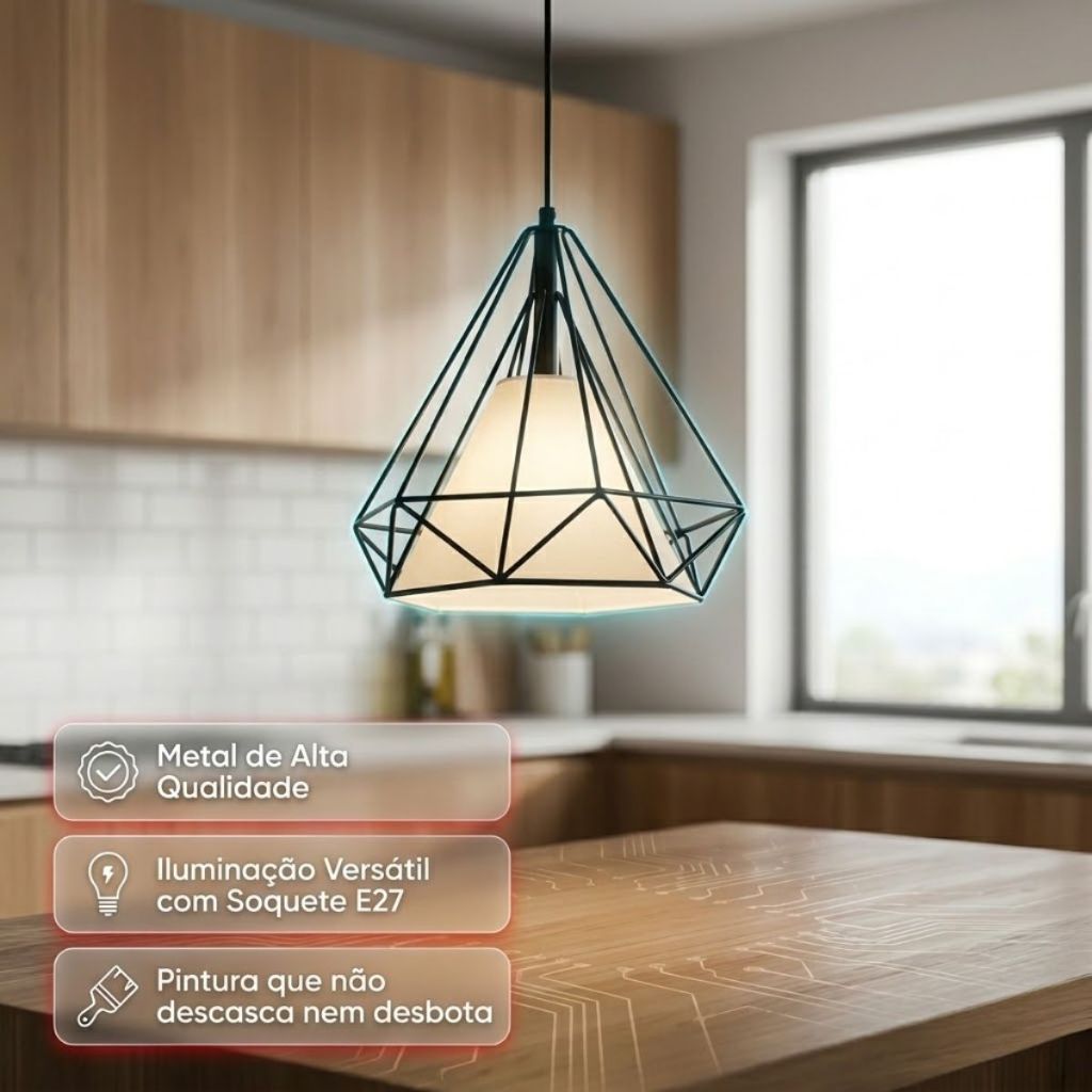 Pendente Teto Aramado Diamante Geométrico E27 Preto Estilo Industrial