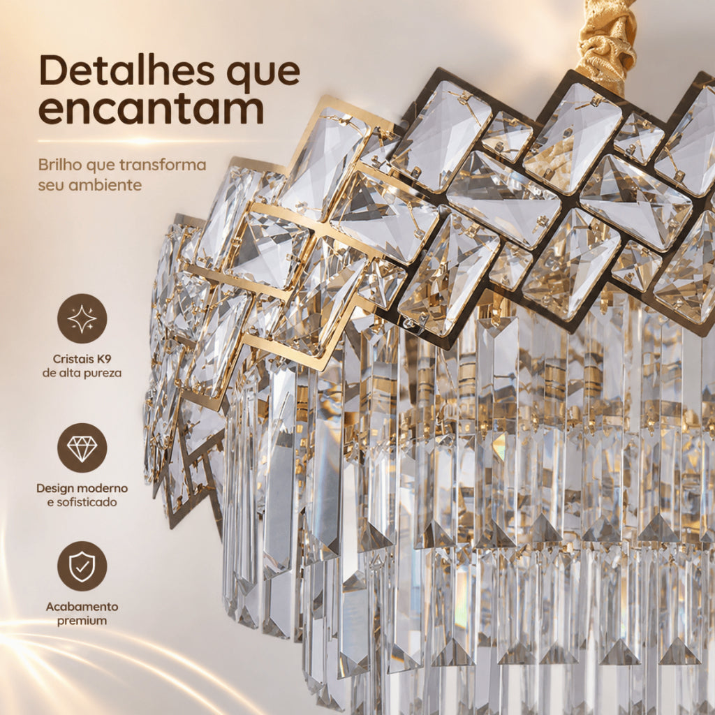 Lustre Cristal K9 Premium Redondo Pendente Sala de Jantar Luxo Prata E14 Bivolt Corrente Ajustável