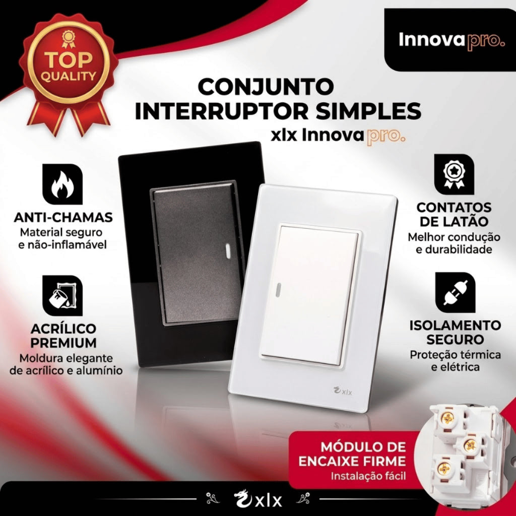 Tomada Modular 4x2 Interruptor Simples Acrilico Espelhado Branco Luxo Anti-Chamas Innova Pro XLX