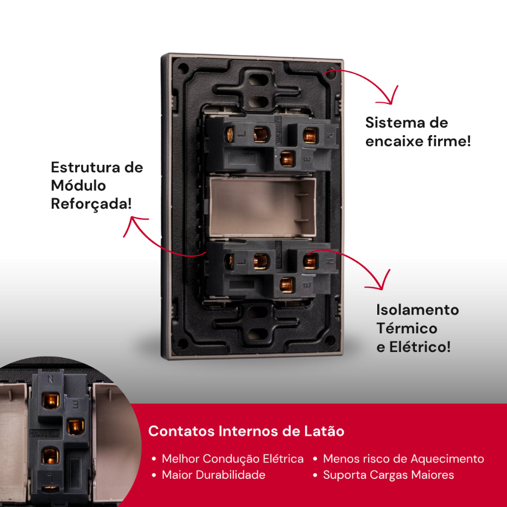 Tomada Modular 10A 110V Duas Tomadas Melody XLX Cinza Preto Galvanizado Placa 4x2 Alumínio