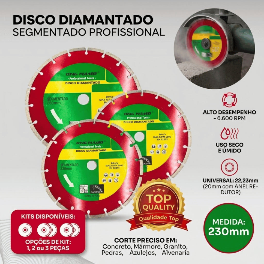 Disco Diamantado Segmentado de Corte 230 mm Seco Úmido Profissional Bloco Concreto Granito Mármore