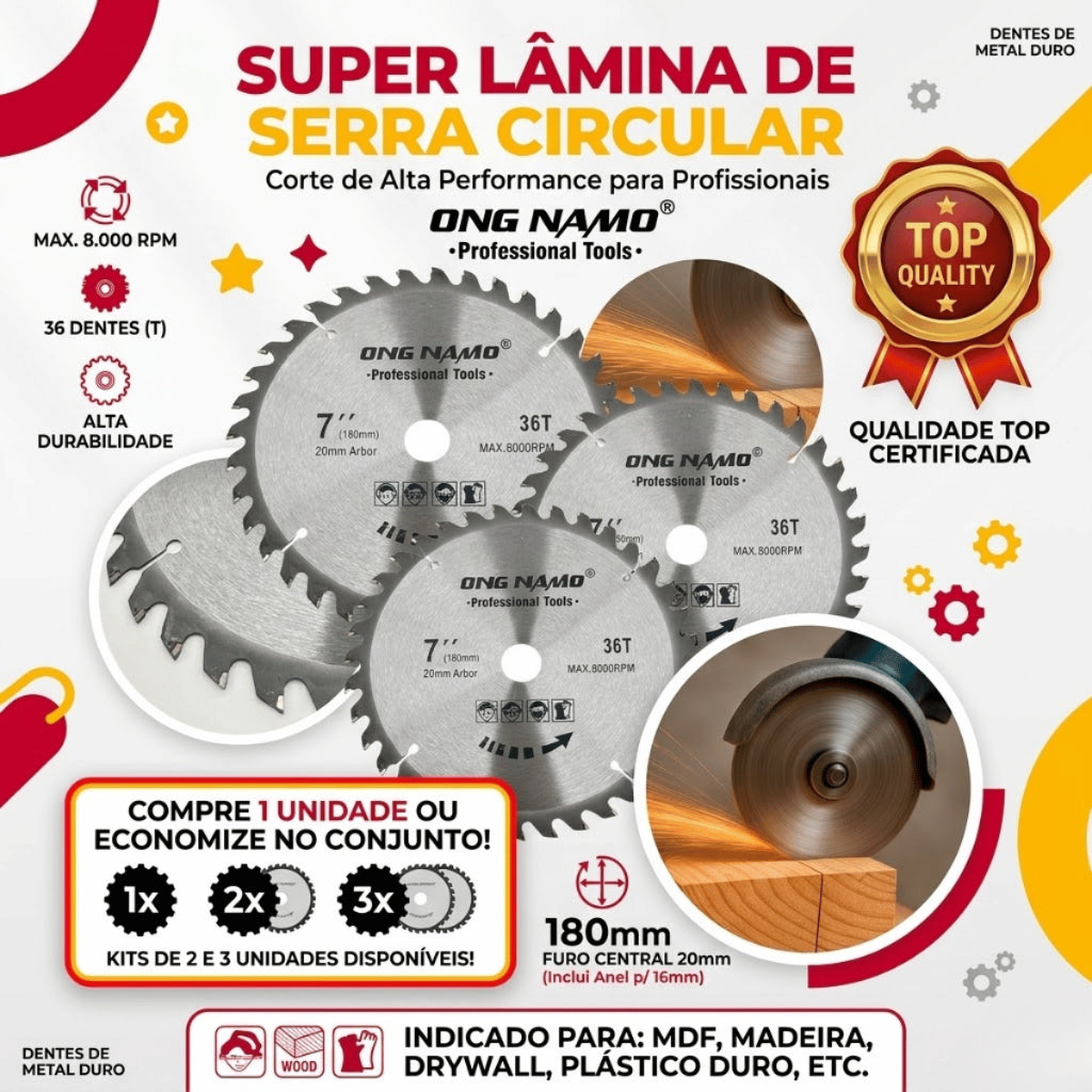 Lâmina de Serra Circular Profissional Disco para Madeira 7 Polegadas 180mm 36 Dentes Furo Universal