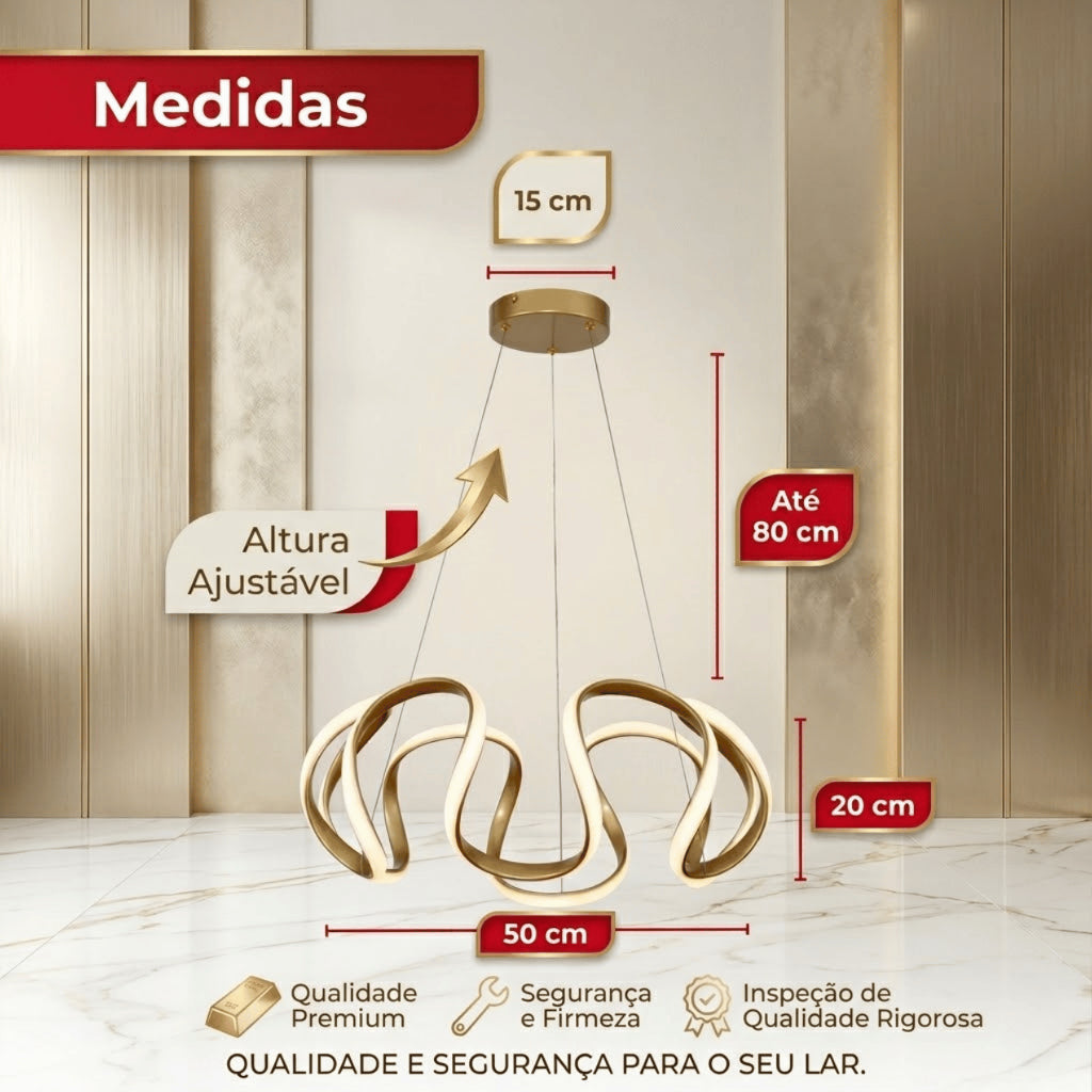 Lustre Pendente Dourado Led Moderno Curvas 60w Ondas Luz 3 Em 1 Sala Jantar Mesa Quarto Bivolt