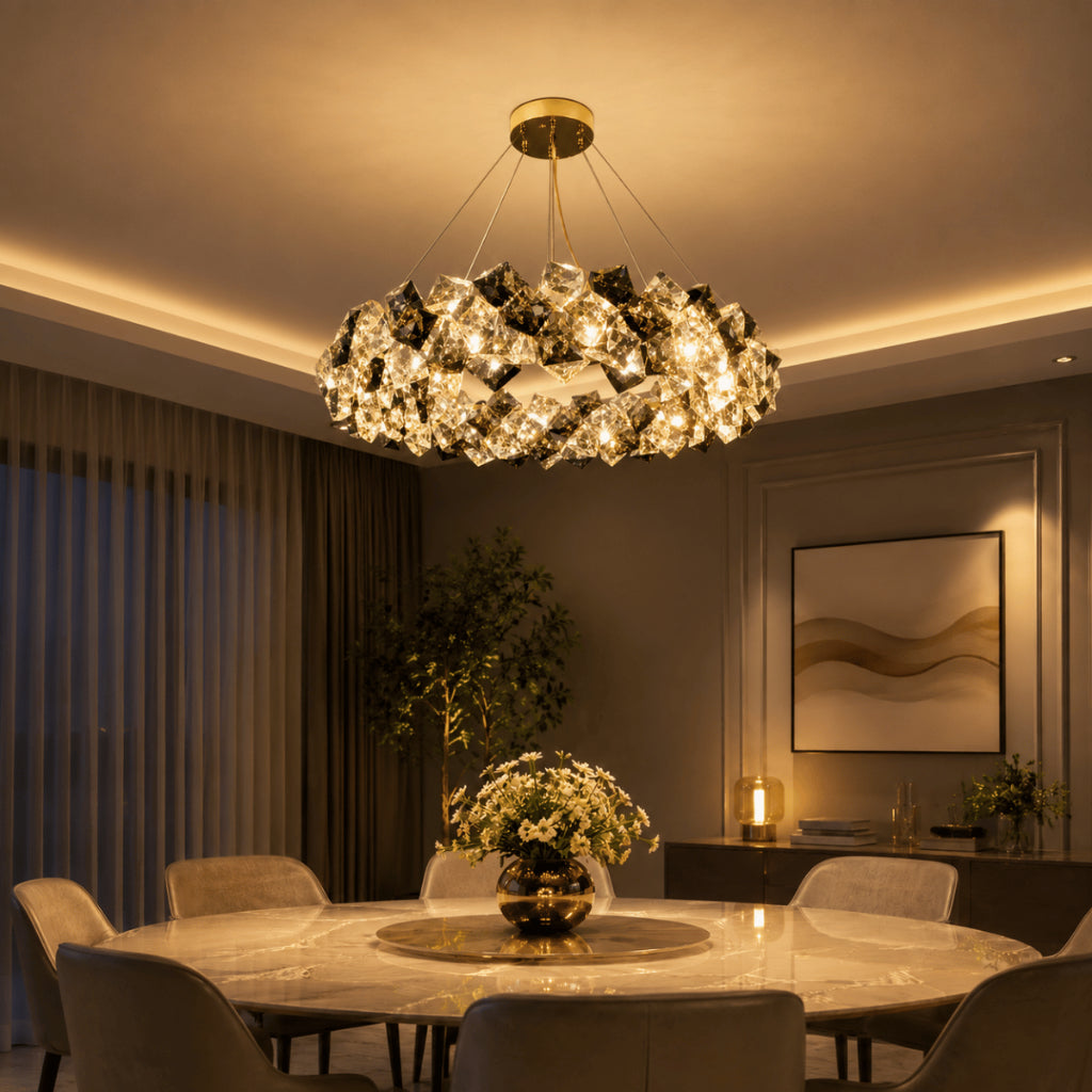 Lustre Cristal K9 Fumê e Transparente Dourado Pendente Moderno Luxo Sala de Jantar E14 Bivolt