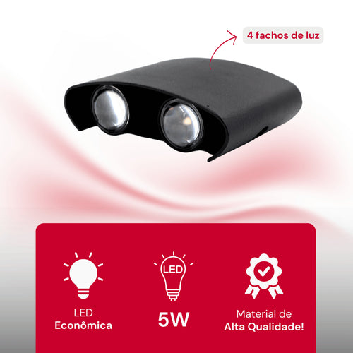 Arandela de Parede Preta LED 5W IP66 A Prova d'Água 4 Fachos de Luz Decoração Externa Branco Quente