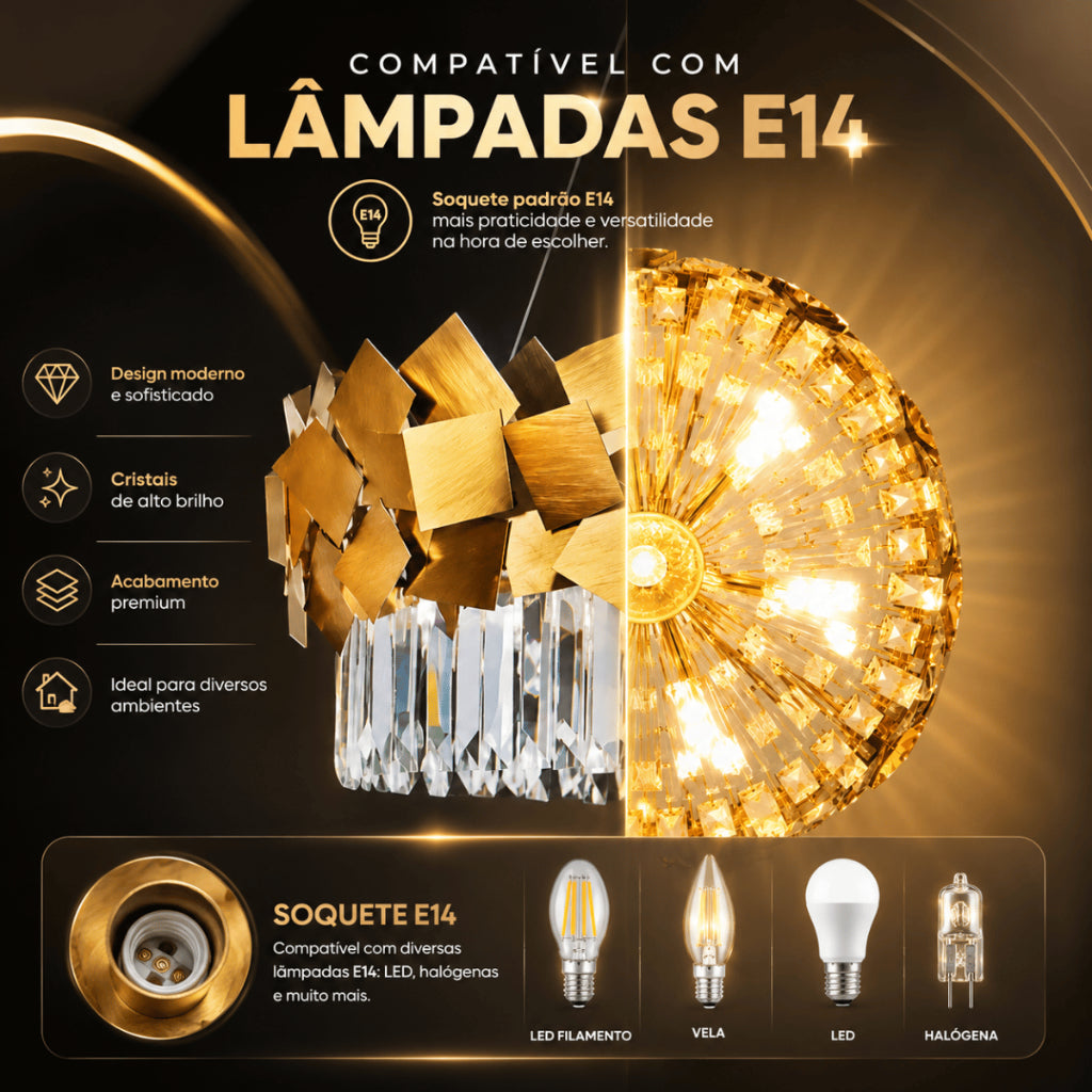 Lustre Moderno Cristal K9 Dourado Premium Pendente Luxo E14 Bivolt Sala de Estar e Jantar