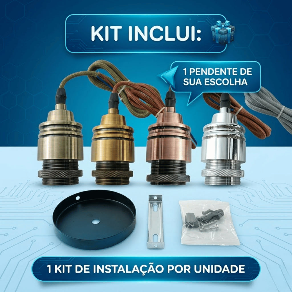 Pendente de Teto Soquete Vintage Retrô Industrial Lâmpada Bocal E27 + Fio + Tampa 110V/220V (Bivolt)