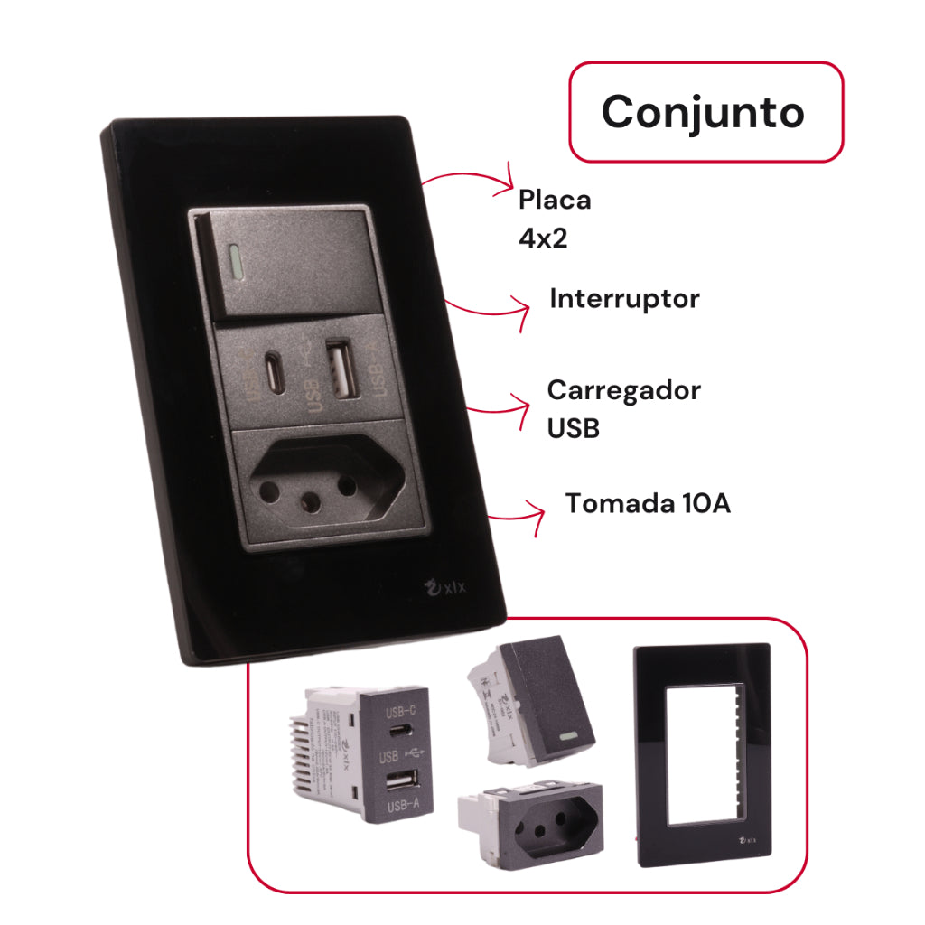 Tomada Modular Acrílico Branca Preto USB Placa ACRÍLICO Tomada 10A Interruptor 4X2 Bipolar Unipolar