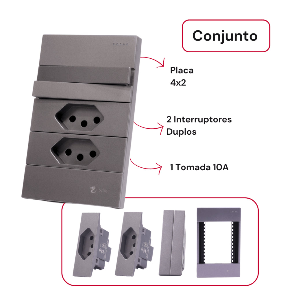Tomada Modular 10A 110V Interruptor Unipolar Bipolar Cinza Preto Galvanizado Placa 4x2 Alumínio