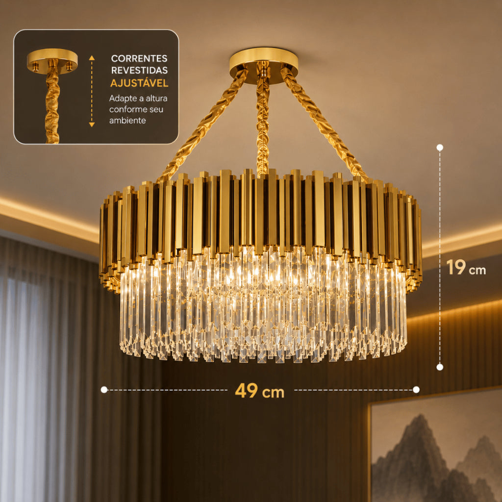 Lustre Cristal K9 Dourado Cilíndrico Moderno Pendente Luxo Sala de Jantar E14 Corrente Ajustável
