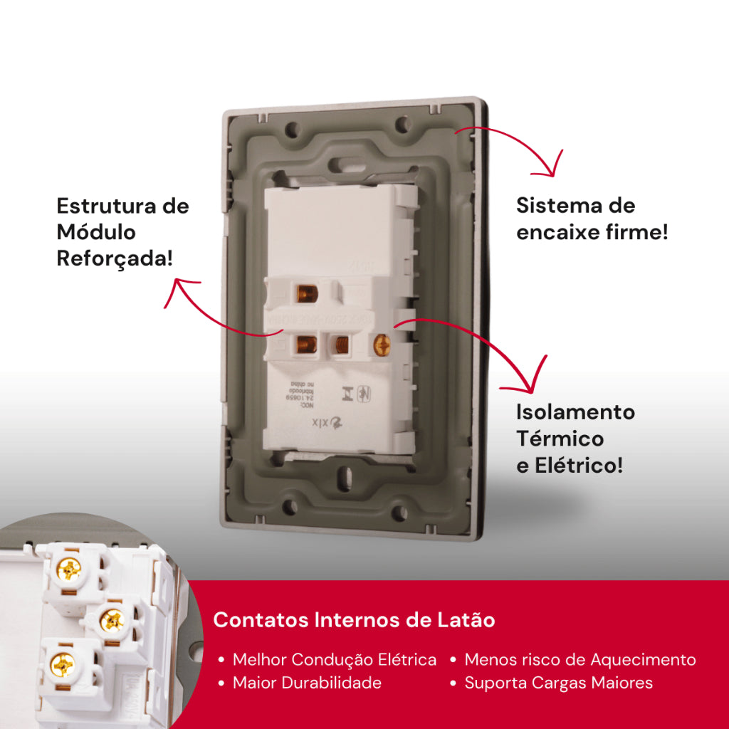 Tomada Modular 4x2 Interruptor Simples Acrilico Espelhado Branco Luxo Anti-Chamas Innova Pro XLX