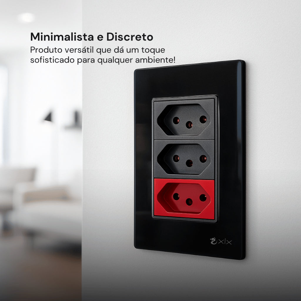 Tomada Modular Tripla 10A 20A 110V 220V Placa Preta Acrílico Espelhada Alumínio Moderna Innova XLX
