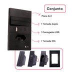 Tomada Modular 10A 110V Carregador USB C A Interruptor Unipolar Bipolar Preto Placa 4x2 Alumínio