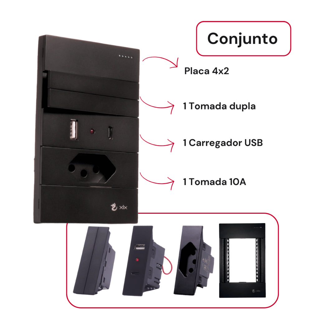 Tomada Modular 10A 110V Carregador USB C A Interruptor Unipolar Bipolar Preto Placa 4x2 Alumínio