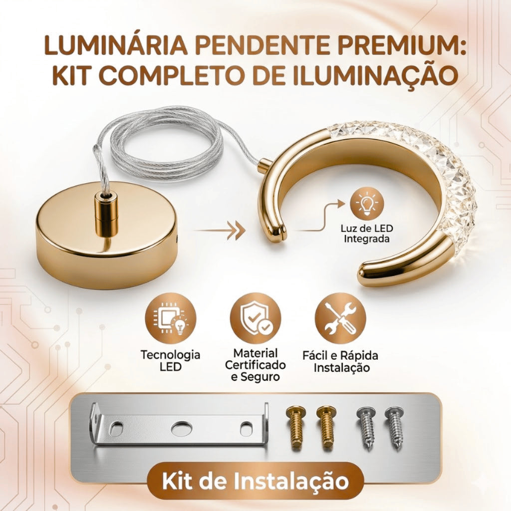 Lustre Pendente LED Lua Dourado Cristal 3 Cores de Luz Ajustavel para Quarto e Sala Bivolt