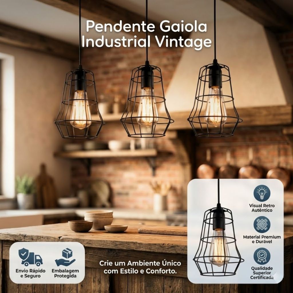 Pendente de Teto Aramado XLX Alumínio Preto Luminária Industrial Vintage Retrô Importado E27