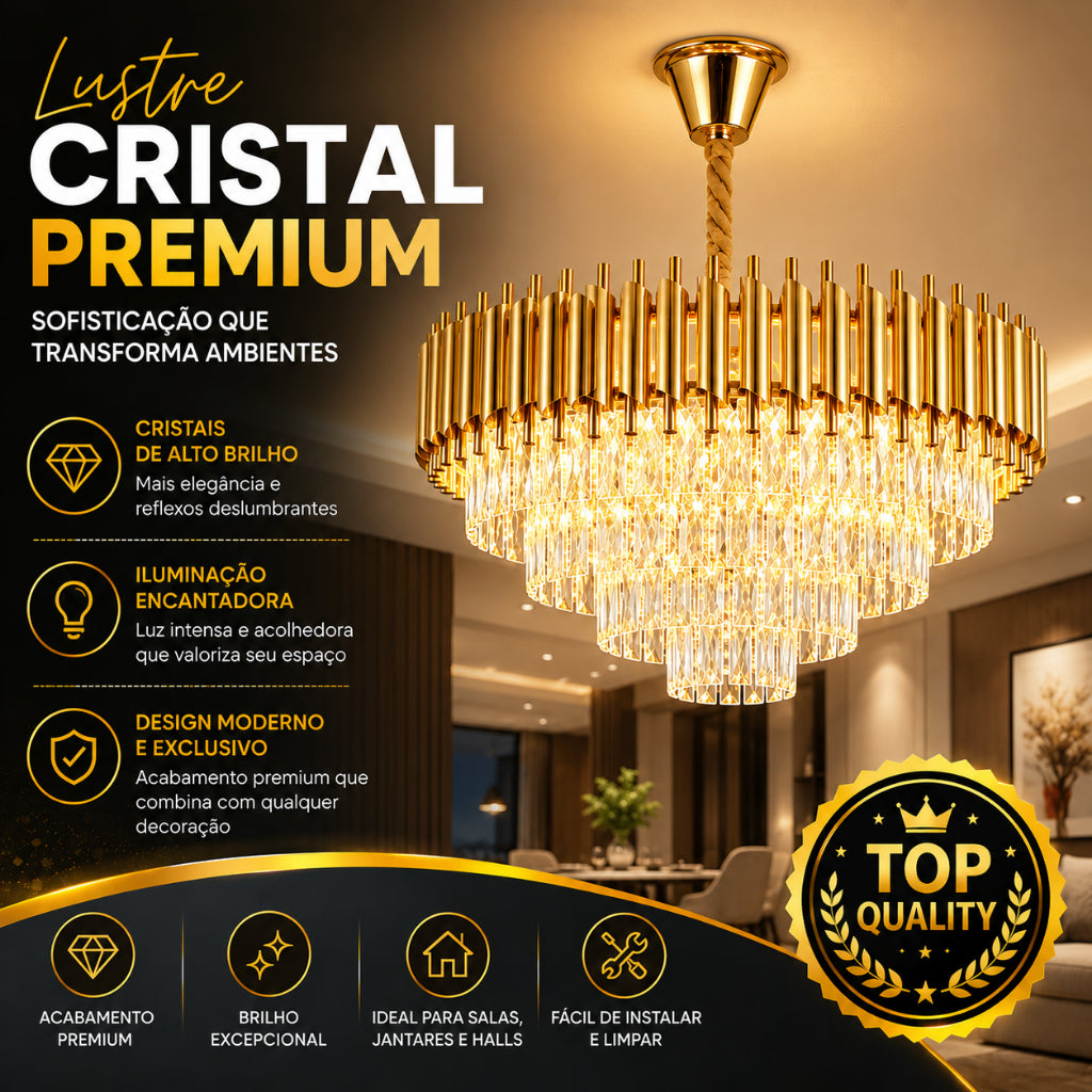 Lustre Pendente de Cristal Moderno Luxo E14 Bivolt Preto Branco Dourado Sala de Jantar