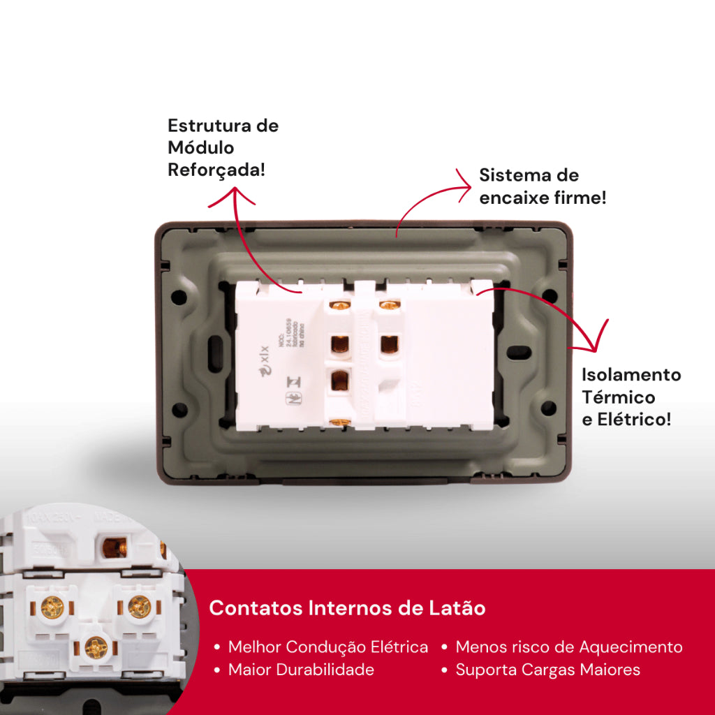 Interruptor Modular Fusion Pro Moderno xlx Alumínio Escovado Tecla G Unipolar Bipolar 4x2 Anti Chama