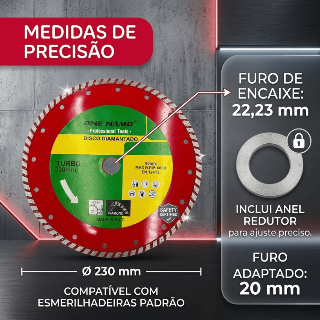 Disco Diamantado Turbo 230mm Corte Seco e Úmido Roçadeira Profissional Porcelanato Mármore Concreto