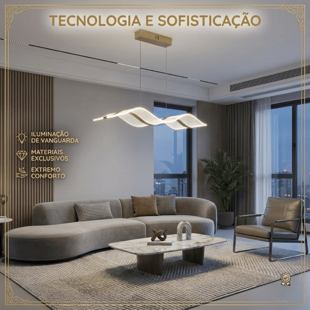 Lustre Pendente LED 60W Moderno Ondulado Dourado Sala Quarto 3 Cores Bivolt Branco Neutro Quente