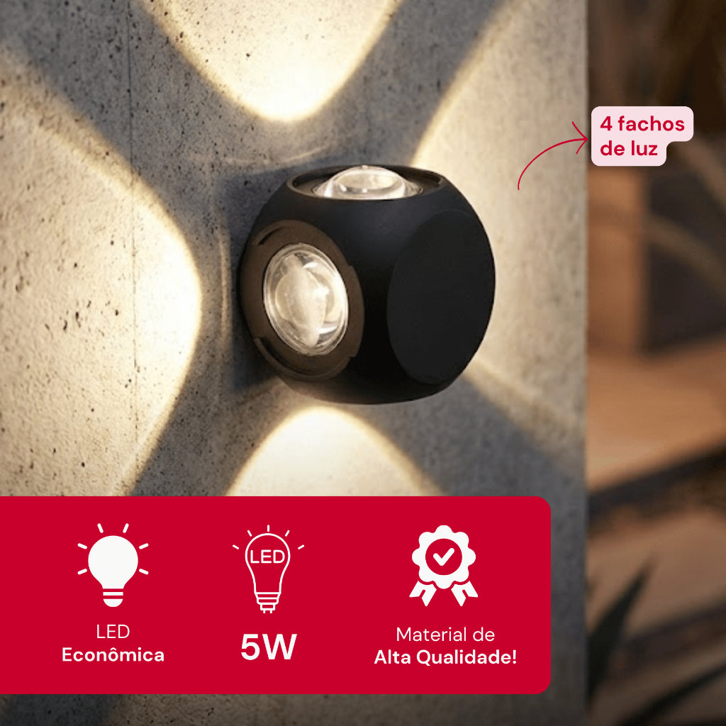 Arandela de Parede Preta LED 5W IP66 A Prova d'Água 4 Fachos de Luz Decoração Externa Branco Quente