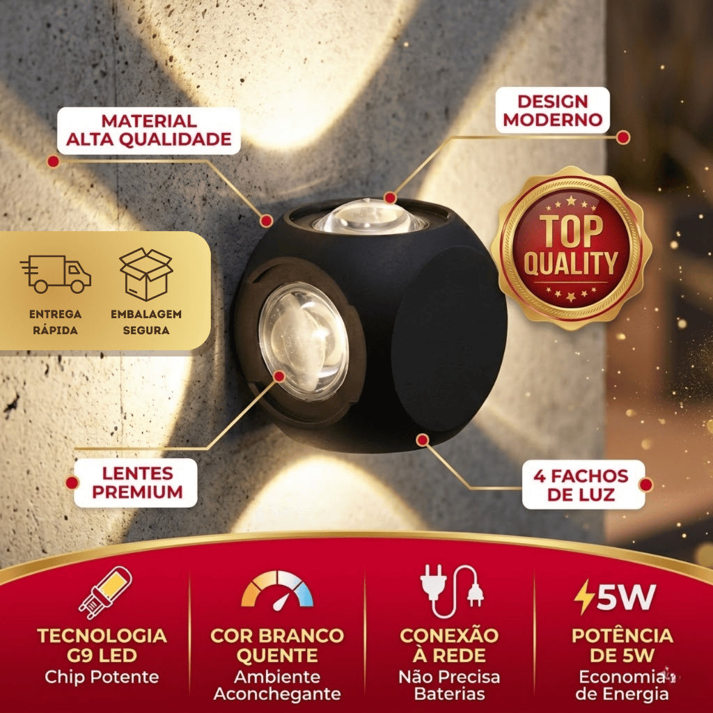 Arandela de Parede Preta LED 5W IP66 A Prova d'Água 4 Fachos de Luz Decoração Externa Branco Quente