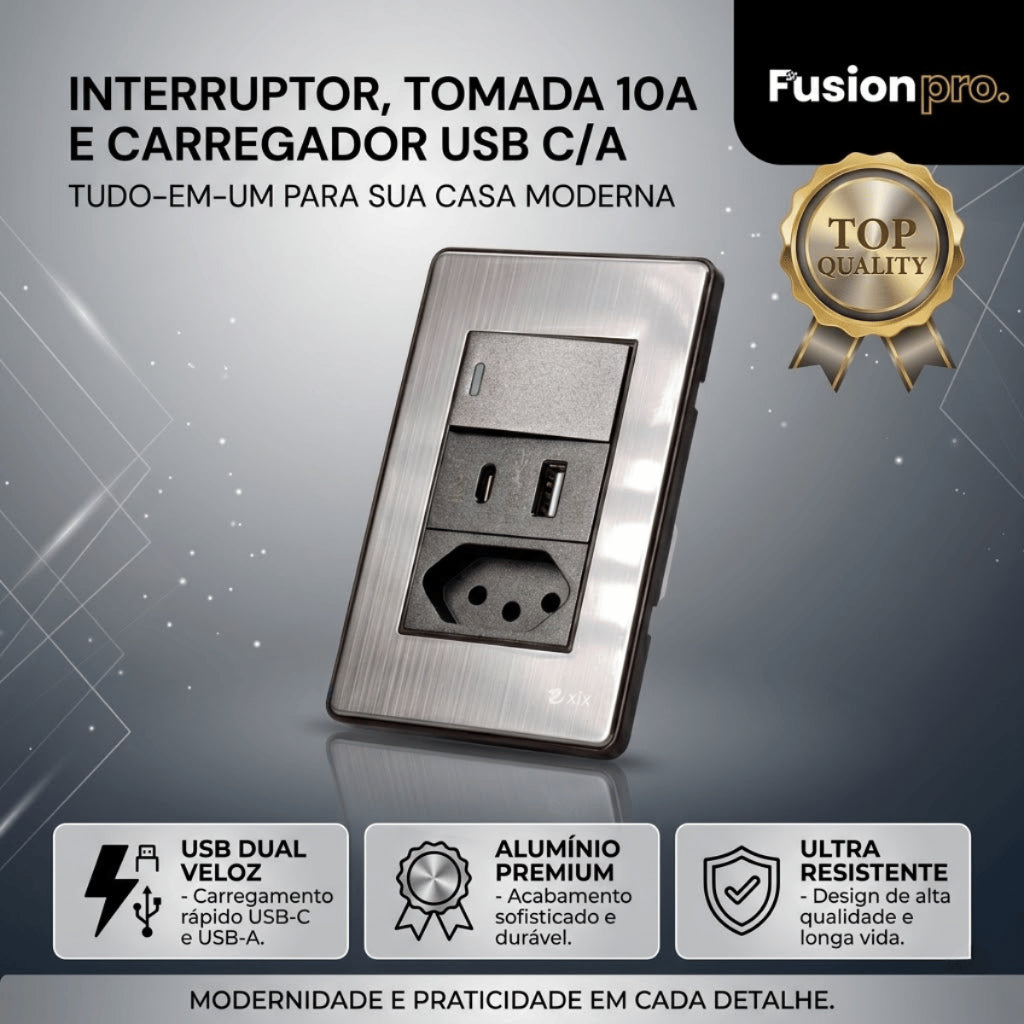 Interruptor de Parede 4X2 Luxo Unipolar Bipolar Carregador USB-C/A e Tomada 10A 110V Fusion Pro