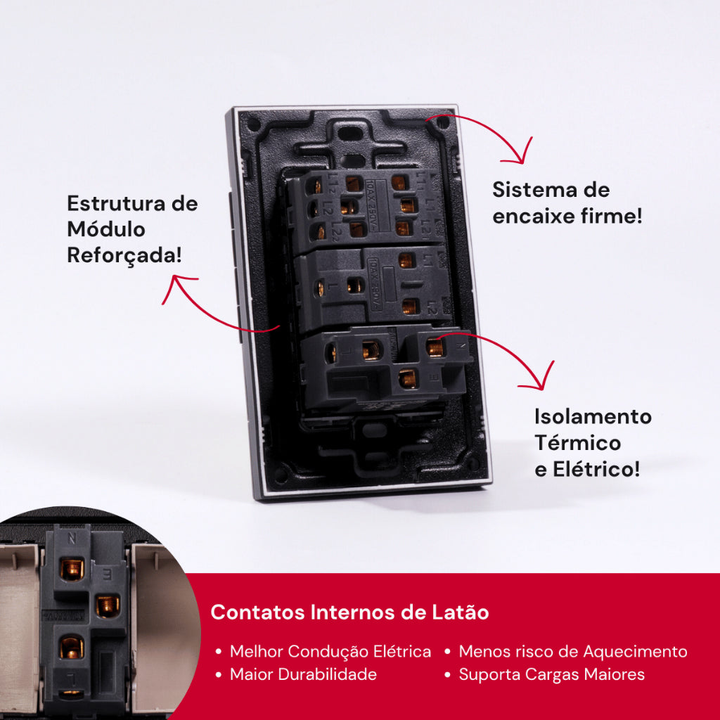 Tomada Modular 10A 110V Interruptor Unipolar Bipolar Cinza Preto Galvanizado Placa 4x2 Alumínio
