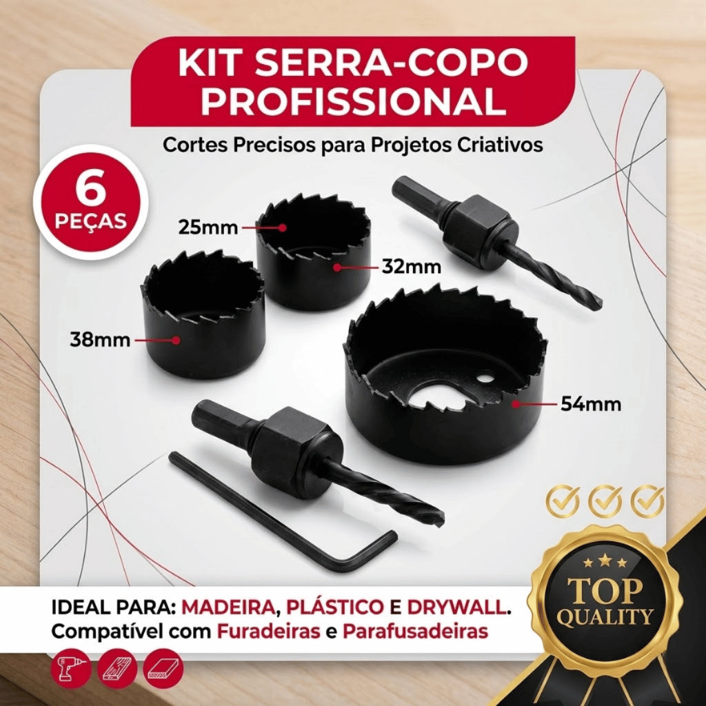 Kit Serra Copo Circular Profissional 6 Peças 25mm a 54mm Furadeira Para Madeira Gesso Drywall PVC