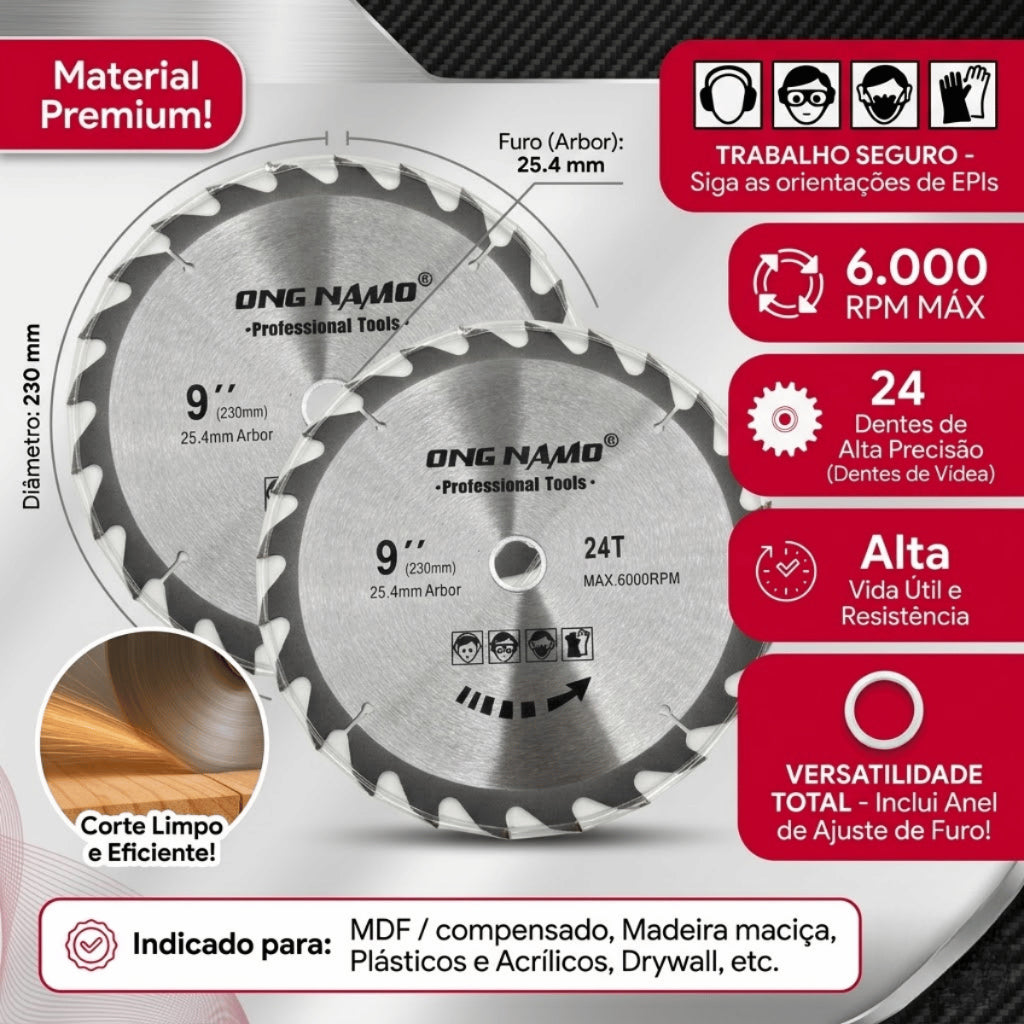 Disco de Serra Circular para Madeira 9 Polegadas 230mm 24 Dentes Profissional Corte Anel Redutor