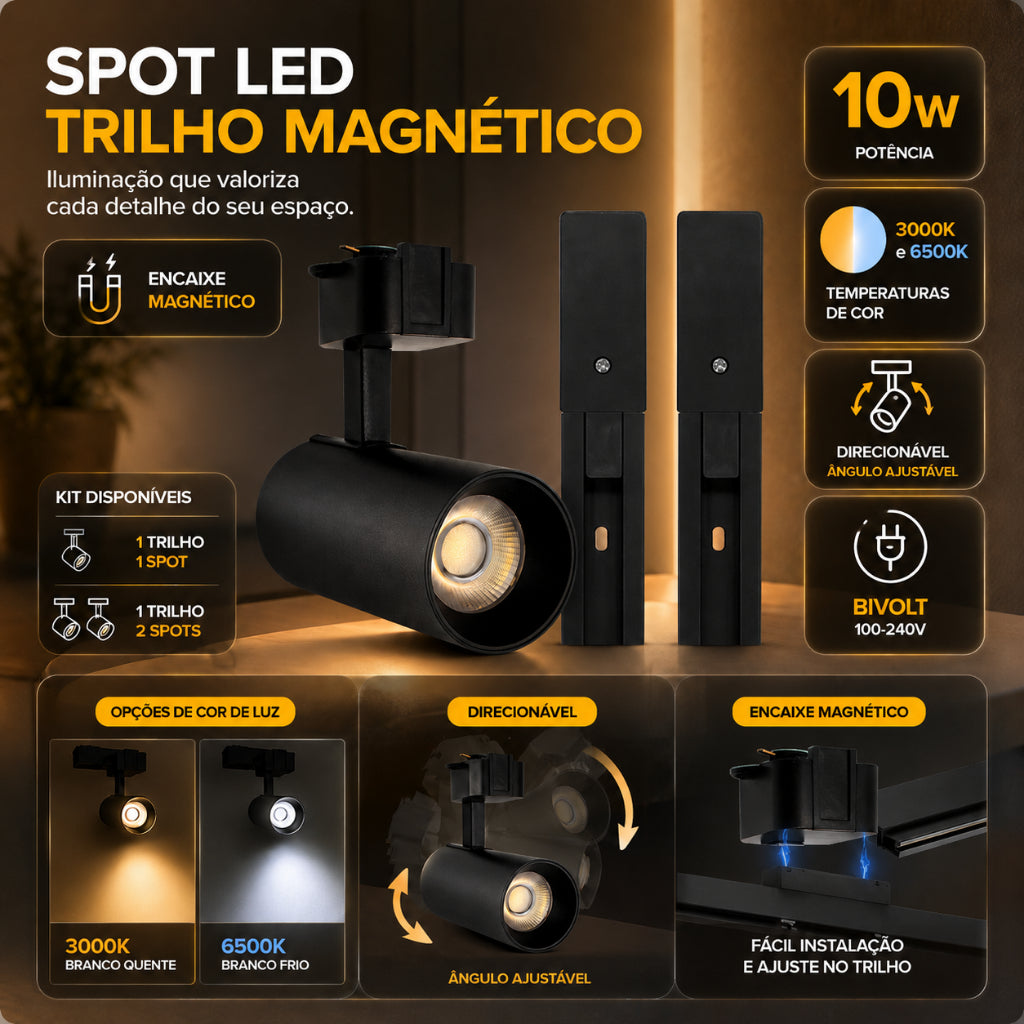 Kit Trilho Preto + Spot LED Eletrificado Preta 10w Luz Frio Quente Interno Econômico Bivolt