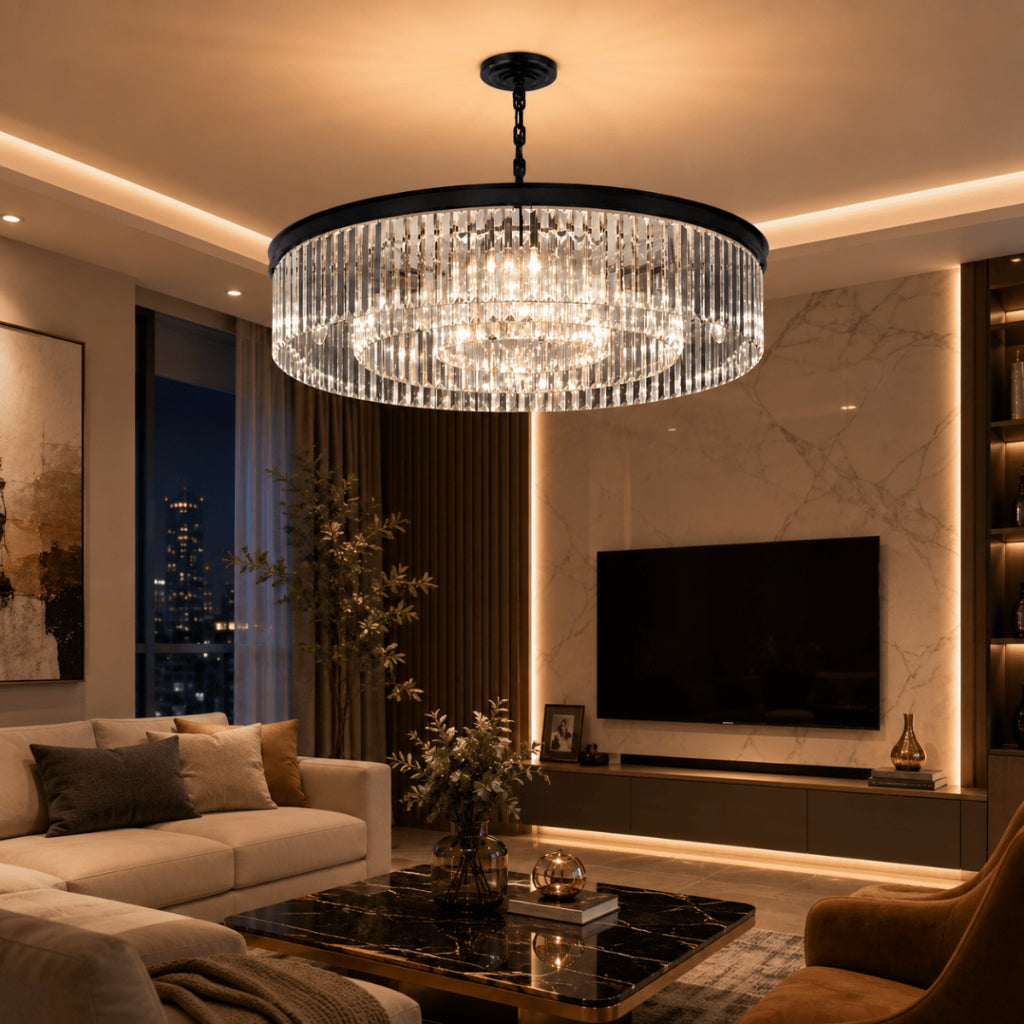 Lustre Cristal K9 Redondo Moderno Pendente Luxo Sala de Jantar E14 Bivolt Corrente Ajustável Preto