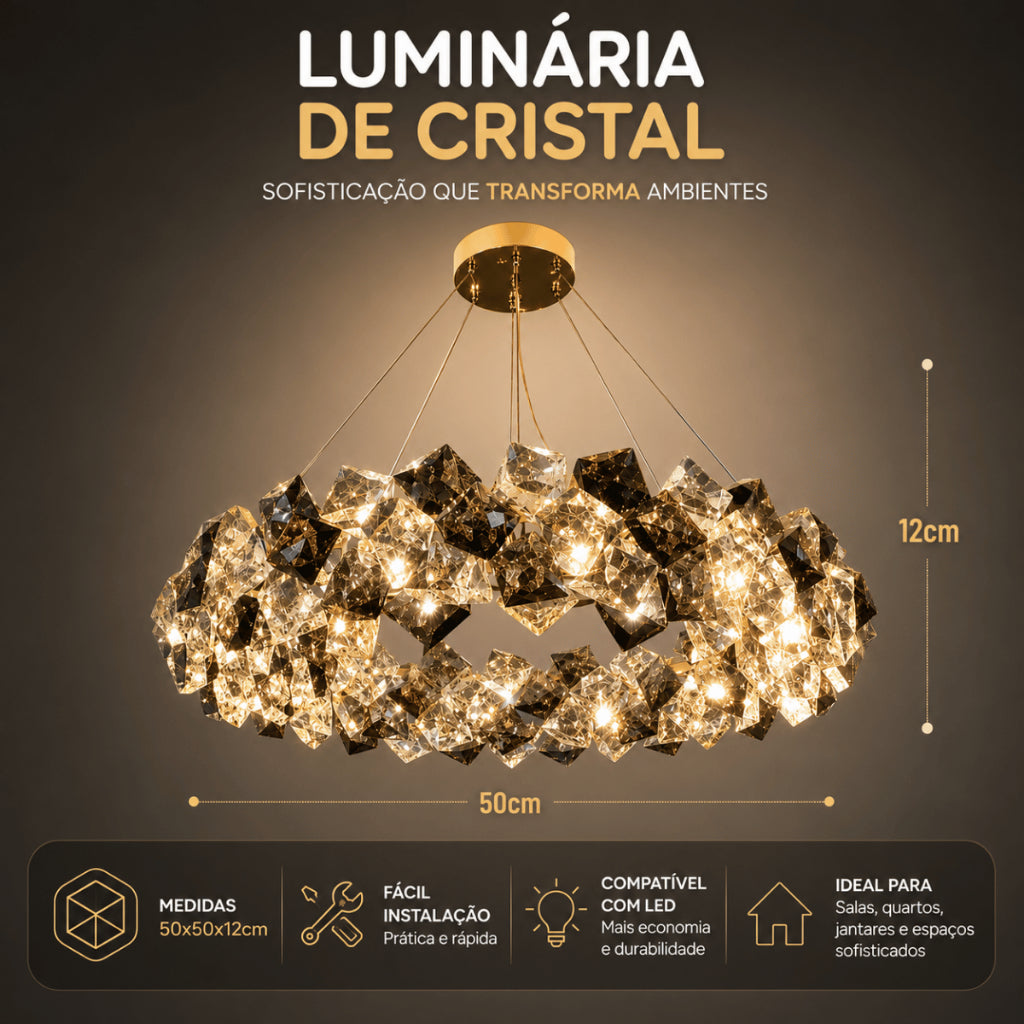 Lustre Cristal K9 Fumê e Transparente Dourado Pendente Moderno Luxo Sala de Jantar E14 Bivolt