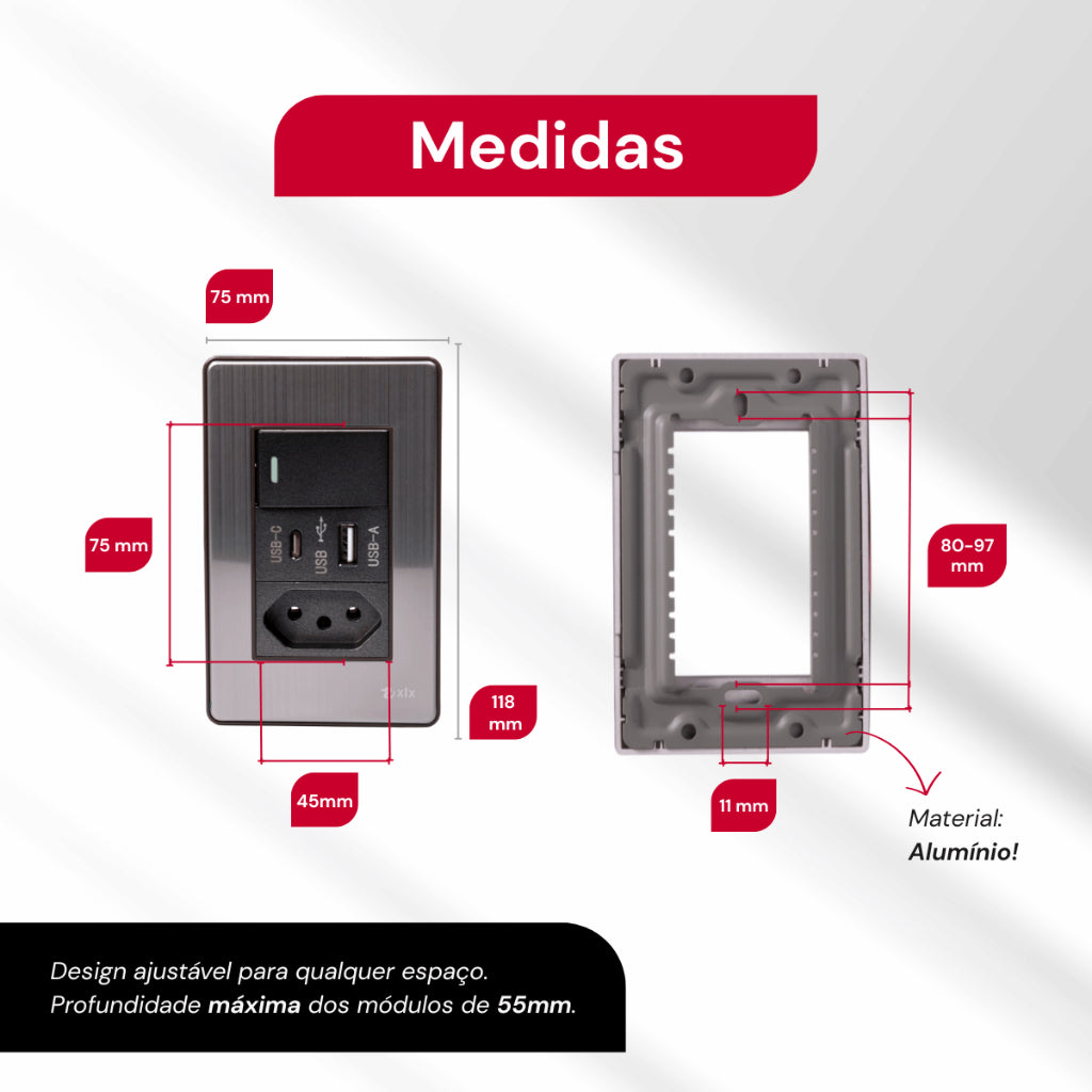 Interruptor de Parede 4X2 Luxo Unipolar Bipolar Carregador USB-C/A e Tomada 10A 110V Fusion Pro