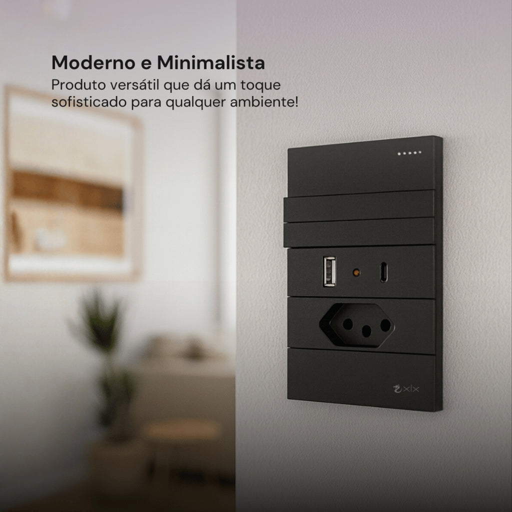 Tomada Modular 10A 110V Carregador USB C A Interruptor Unipolar Bipolar Preto Placa 4x2 Alumínio