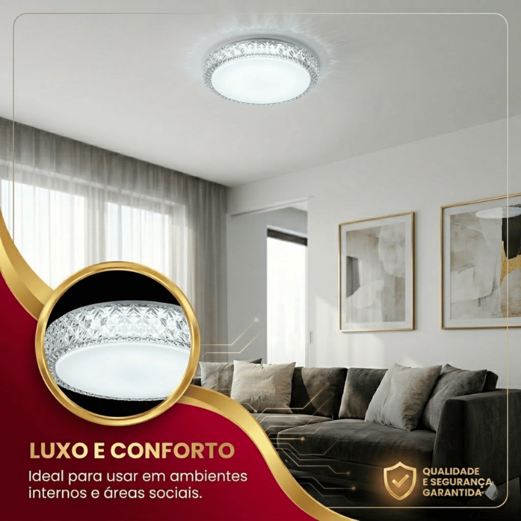 Plafon LED Sobrepor Redondo Efeito Cristal 3 Cores 24W 220V Iluminação Luxo Chique Sala Quarto
