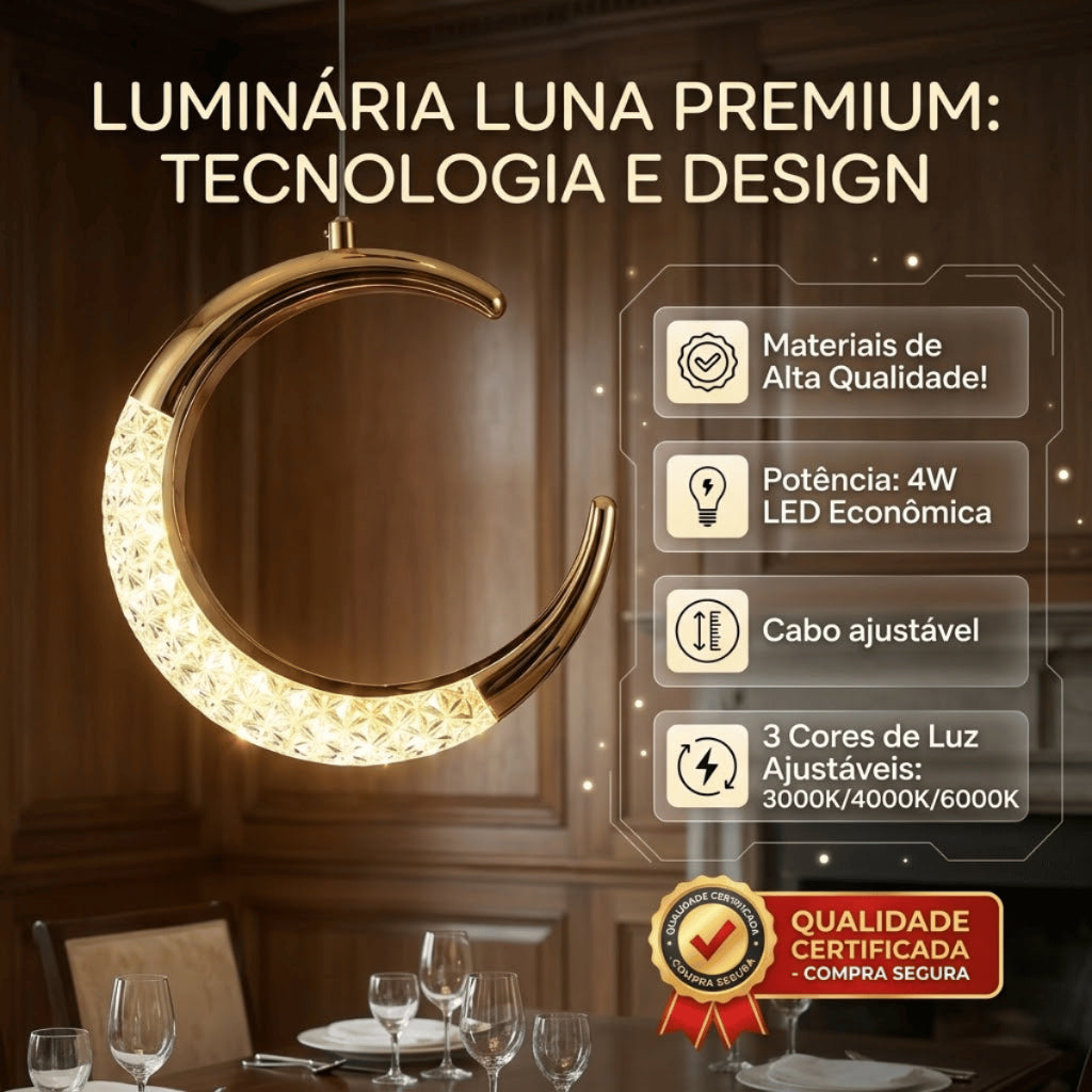 Lustre Pendente LED Lua Dourado Cristal 3 Cores de Luz Ajustavel para Quarto e Sala Bivolt