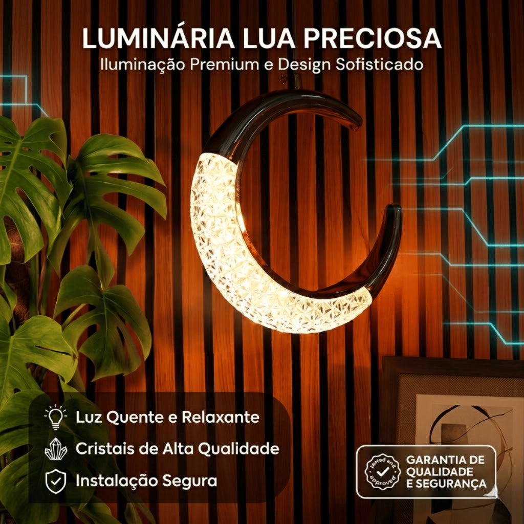 Lustre Pendente LED Lua Dourado Cristal 3 Cores de Luz Ajustavel para Quarto e Sala Bivolt